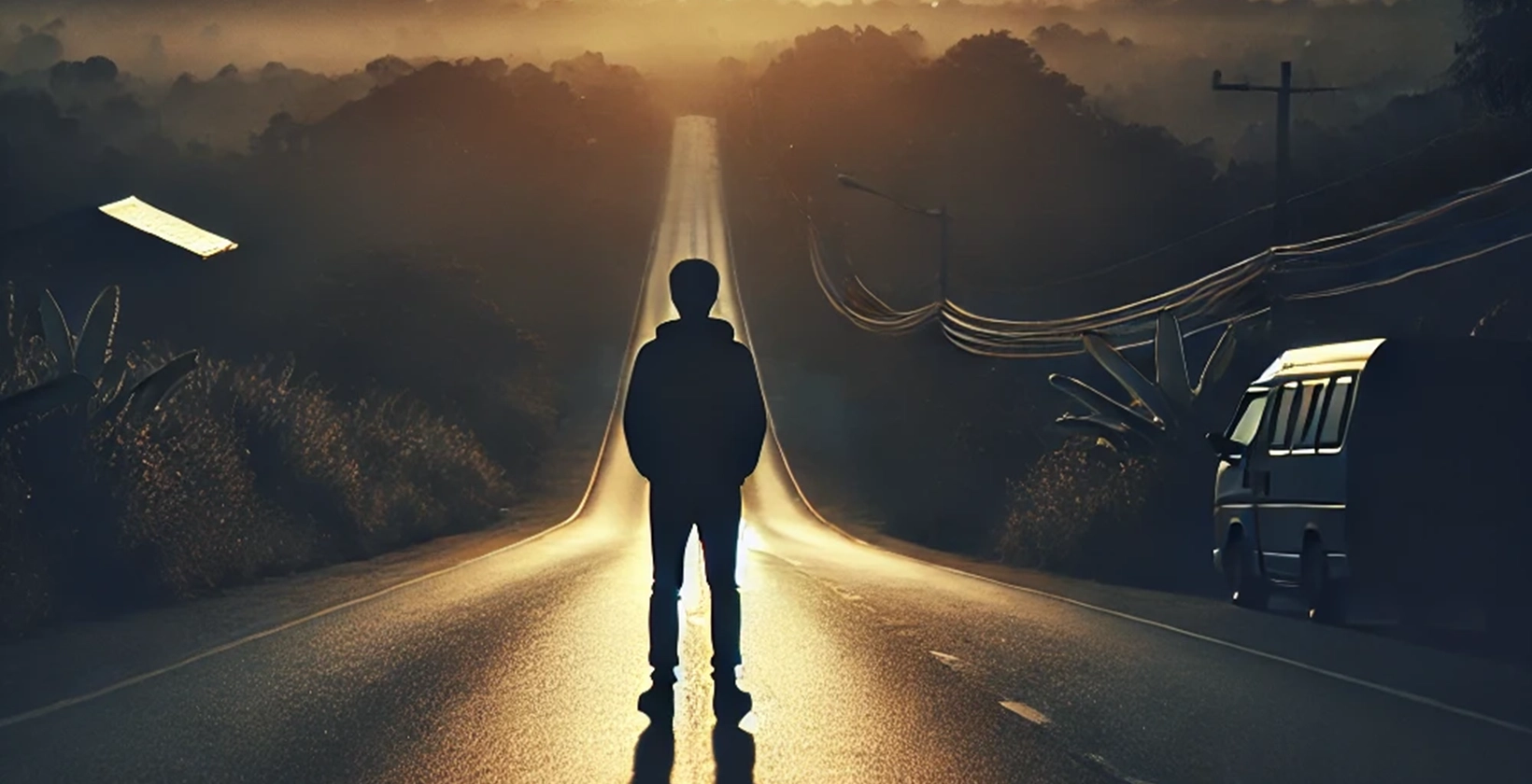 an image depicting a person standing alone on a deserted road at twilight with uncertainty and longing for home