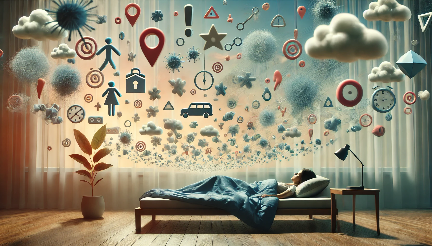 A peaceful scene of a person lying in bed, surrounded by surreal floating symbols that represent common anxiety dream themes like falling, being chase