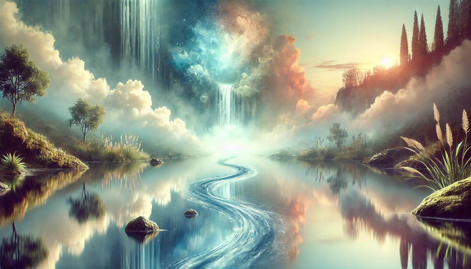 A serene and symbolic dream-like scene depicting water in various forms, such as calm waters with reflections of the sky, and a distant waterfall symb