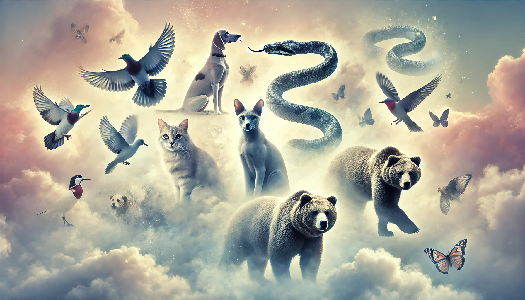 A surreal and dreamlike scene showing various animals like a dog, cat, snake, bird, and bear, set against a soft, cloudy backdrop. Each animal appears