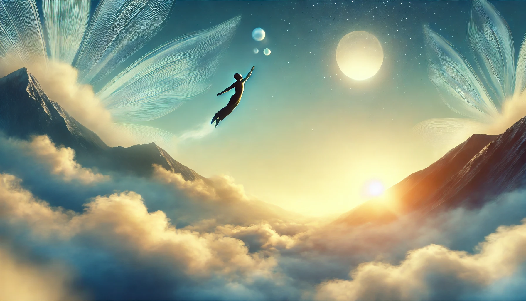 A serene and symbolic dream scene where a person is gracefully flying through the sky. The backdrop shows soft clouds and a rising sun, with the perso